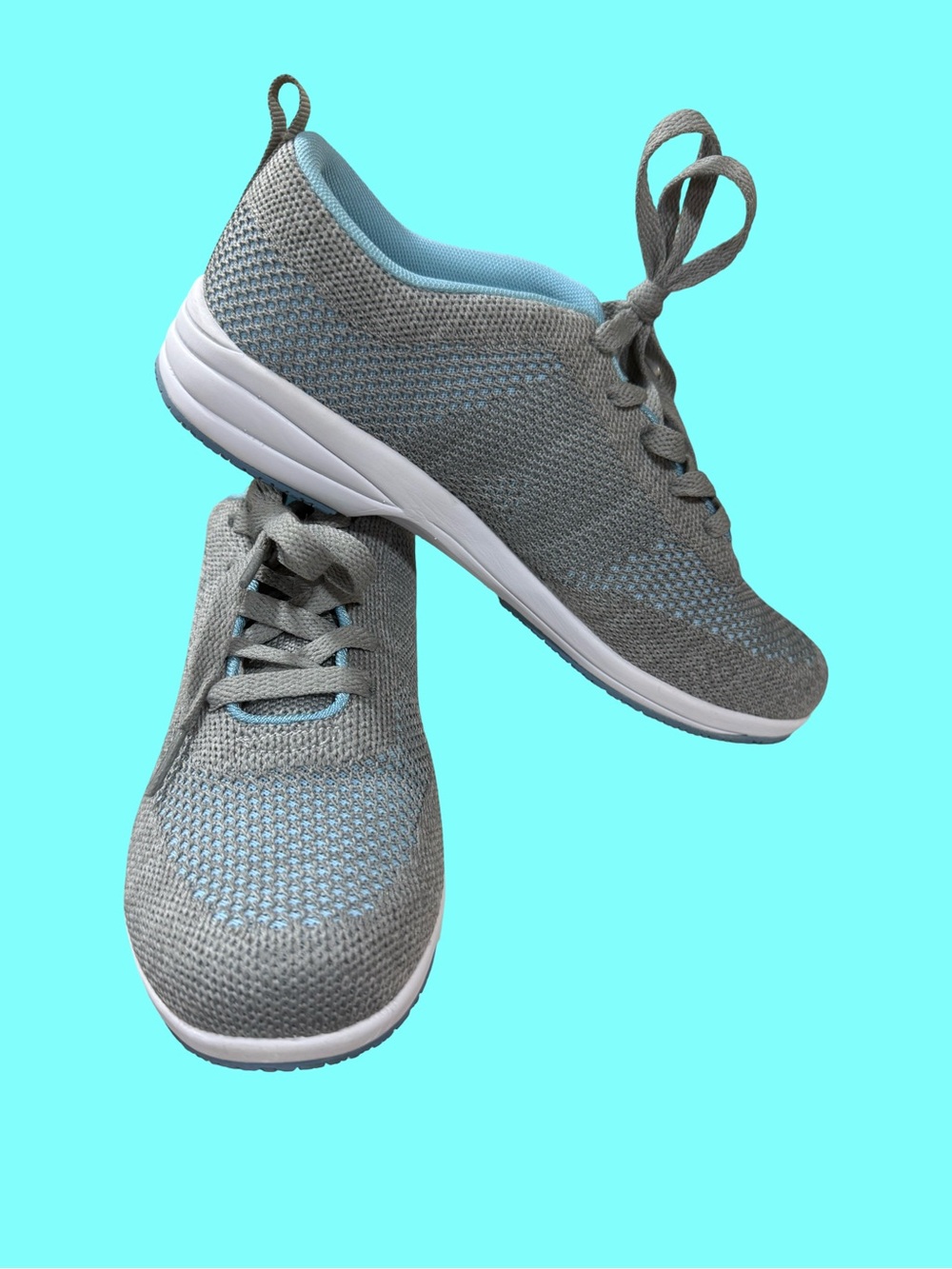 Propet Gray Knit Sneakers with Light Blue Lining and extra laces